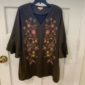 Umgee Women’s Faux Suede Bell Sleeve Floral Embroidered Fall Tunic Dress Sz Med
